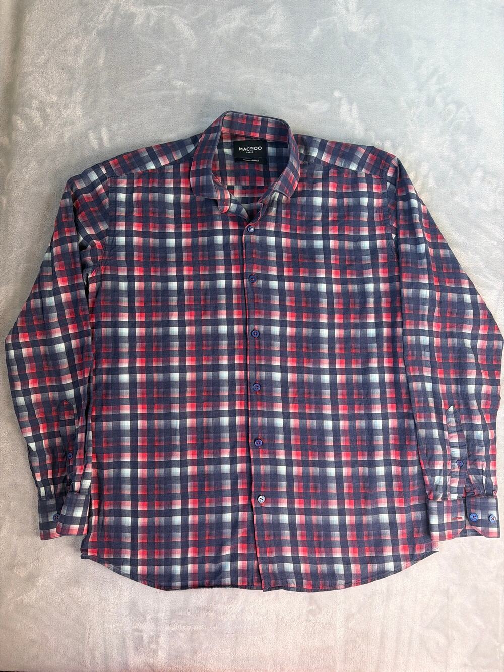 Maceoo Luxor-58 Dress Shirt Mens 3 Medium M Jean Check Plaid Long Sleeve Luxury